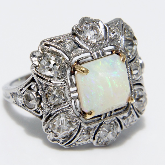 Art Deco Cocktail Ring Opal and Diamond Vintage Platinum Rare Early 20th C - Picture 4 of 16
